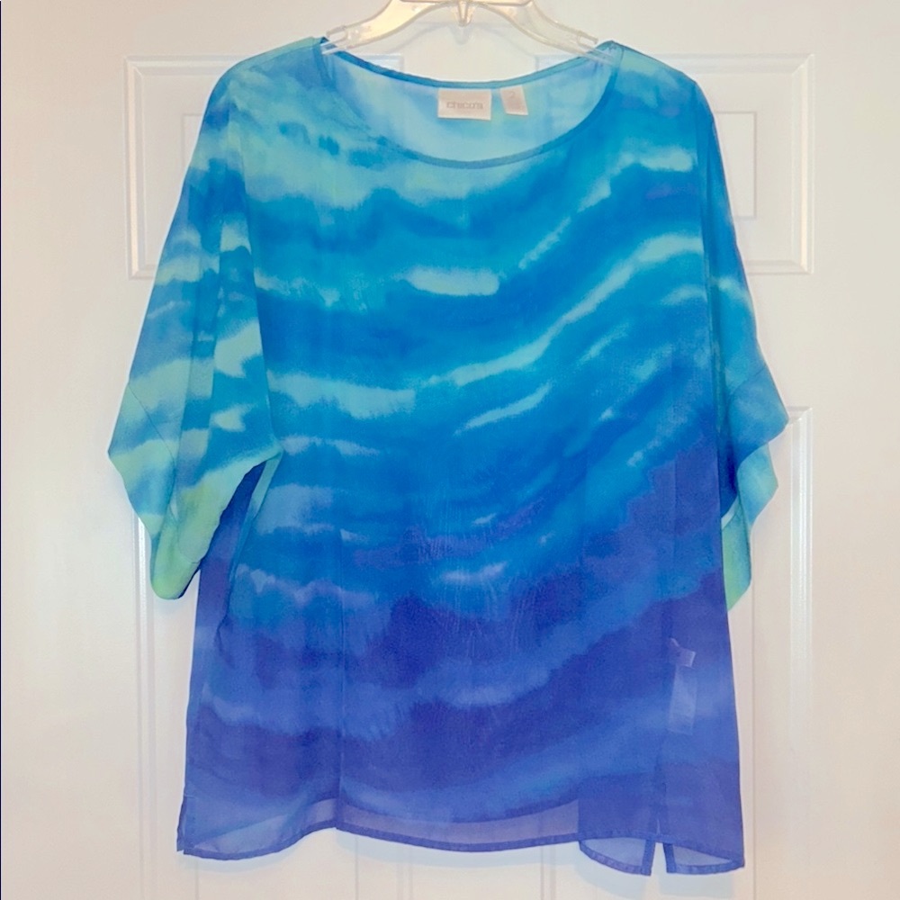 CHICO'S Cana Tie Dye Sheer Top 2/LG Blue/Green Cover Up Watercolor Relaxed Beach